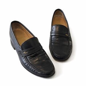 SALVATORE FERRAGAMO Gold Spell Out Logo Leather Loafer Dress Shoes